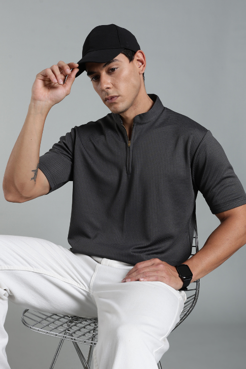 Premium Polo T- shirt Metallic Grey Stand Collar